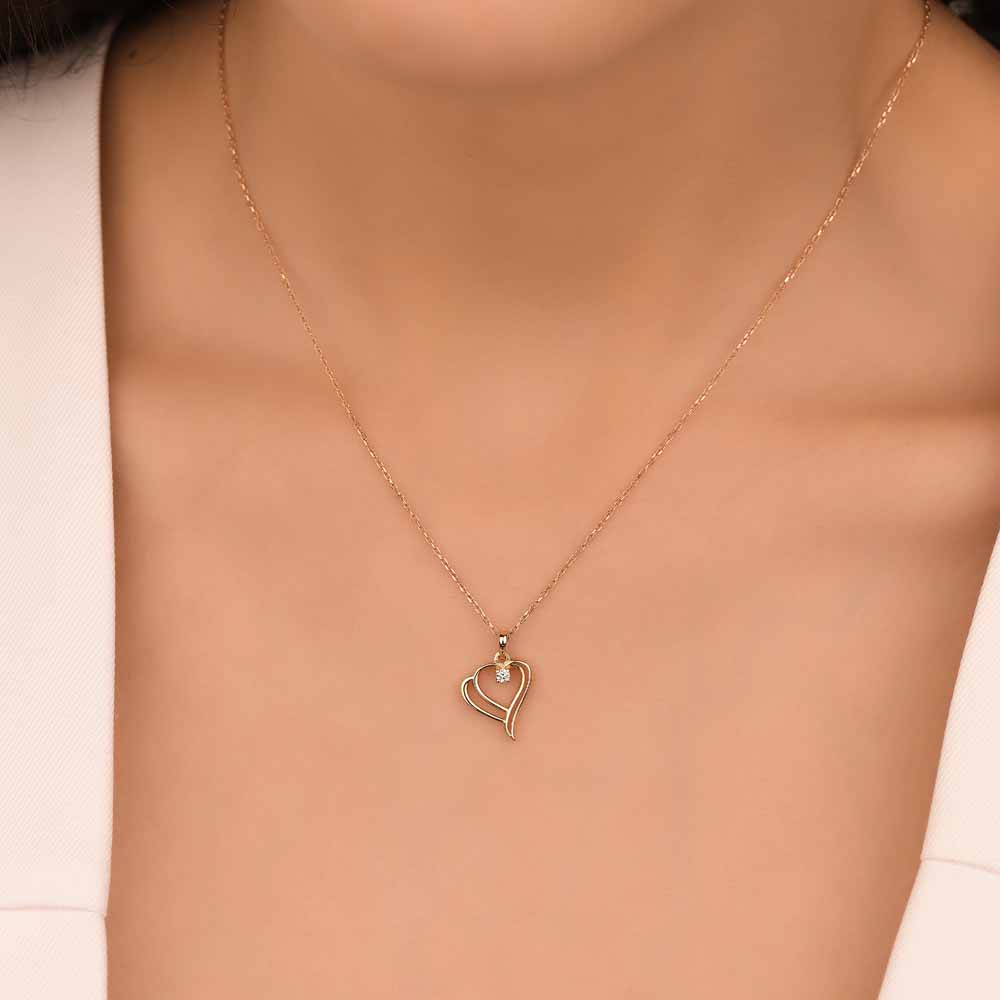 0,04 Karat Pırlanta Çift Kalp Tasarımlı Aşk Kolyesi