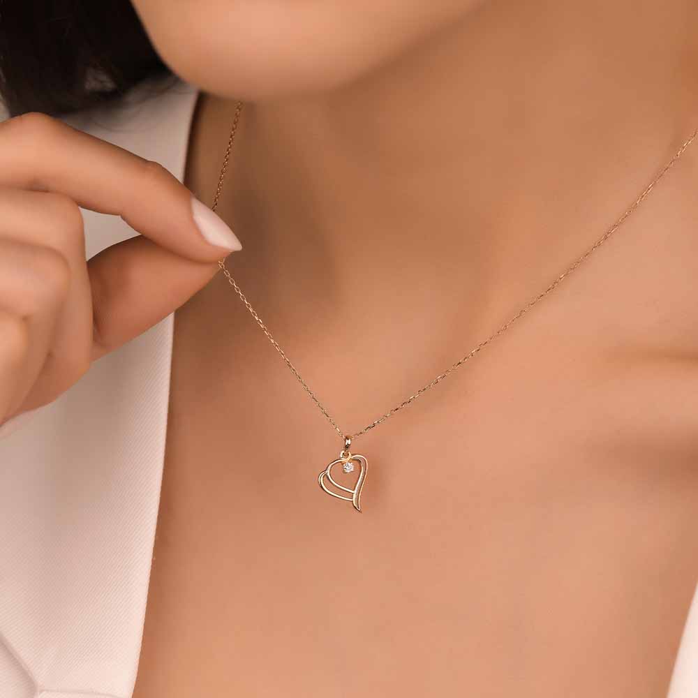 Özel Tasarım Kolyeler 0,04 Karat Pırlanta Çift Kalp Tasarımlı Aşk Kolyesi