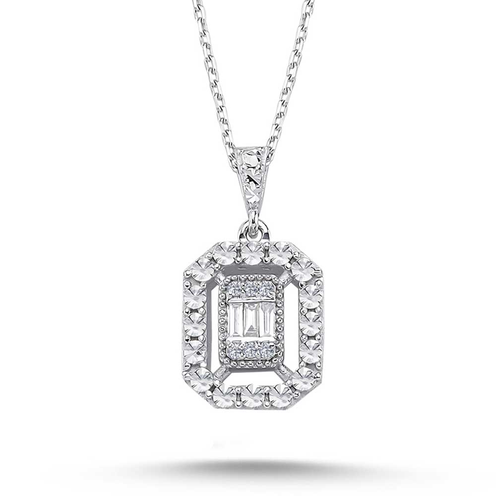 Baget Kolyeler 0.08 Karat Pırlanta Kalem İşlemeli Baget Kolye