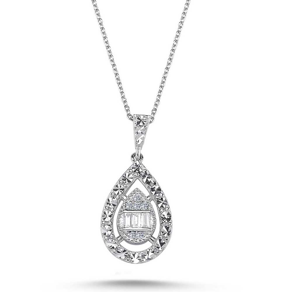 Baget Kolyeler 0,05 Karat Pırlanta Kalem İşlemeli Damla Baget Kolye