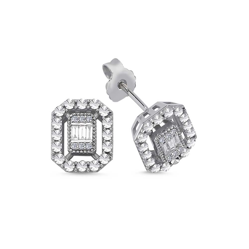 Baget Küpeler 0,16 Karat Pırlanta Kalem İşlemeli Baget Küpe