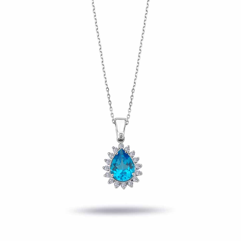 1.40 Karat Pırlanta Damla London Blue Topaz Kolye