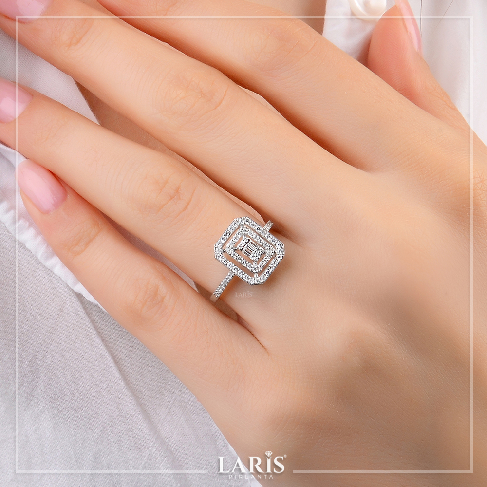 Baget Yüzükler 0.40 Karat Pırlanta Çift Sıra Halo Baget Yüzük