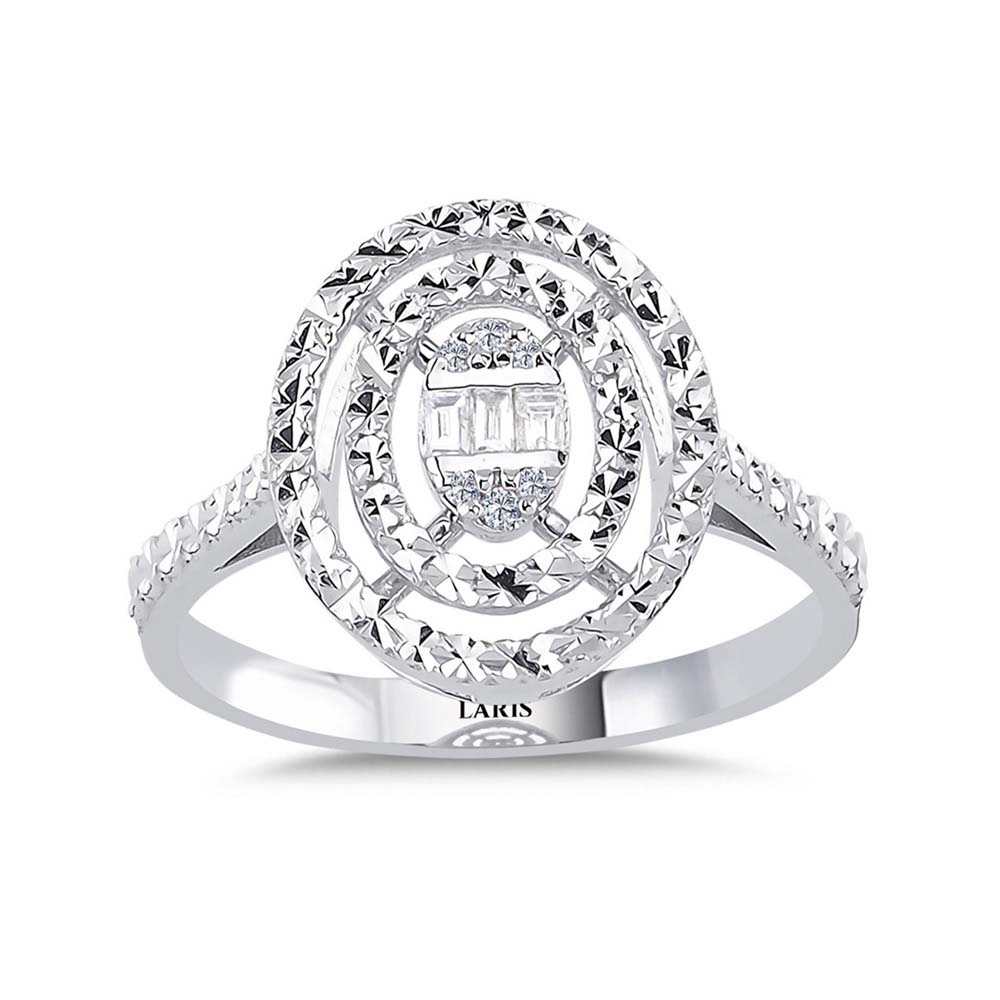 0,07 Karat Pırlanta Kalem İşlemeli Oval Baget Yüzük