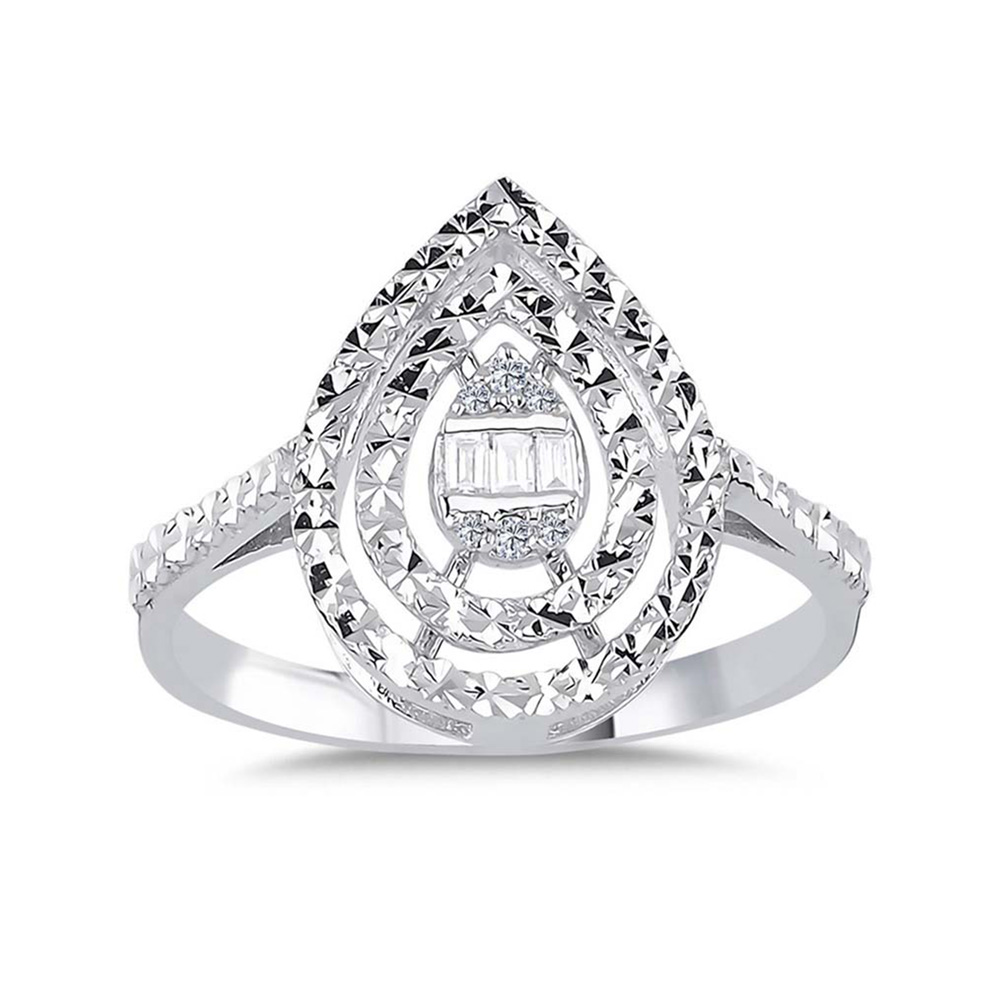 0,07 Karat Pırlanta Kalem İşlemeli Damla Baget Yüzük