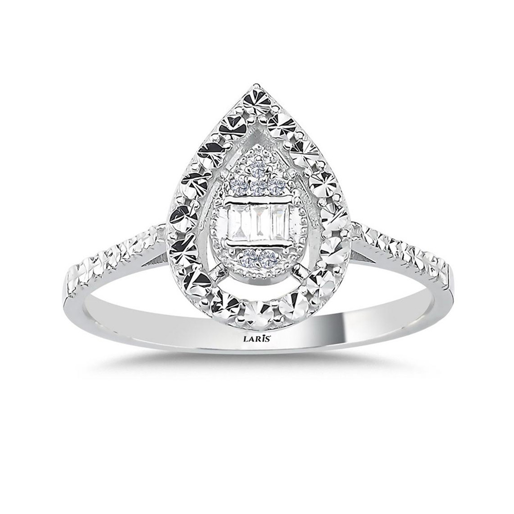 0,05 Karat Pırlanta Kalem İşlemeli Damla Baget Yüzük