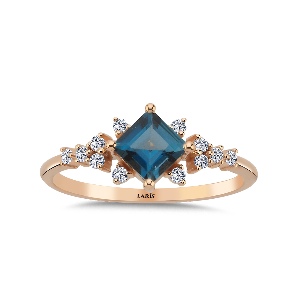 1,01 Karat Pırlanta ve Prenses Kesim London Blue Topaz Vintage Aurora Tasarım Yüzük