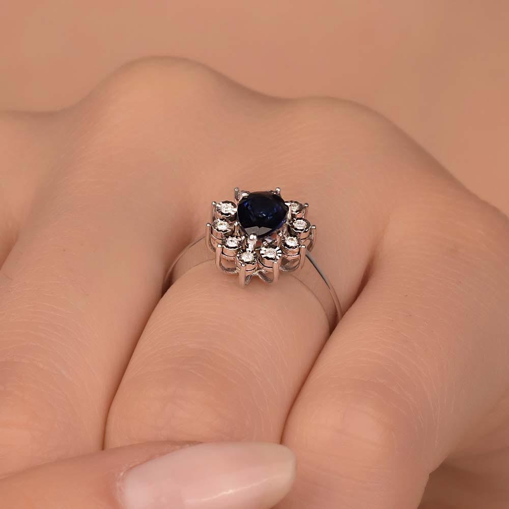 Safir Yüzükler 1,08 Karat Pırlanta Kalem İşlemeli Damla Royale Safir Yüzük