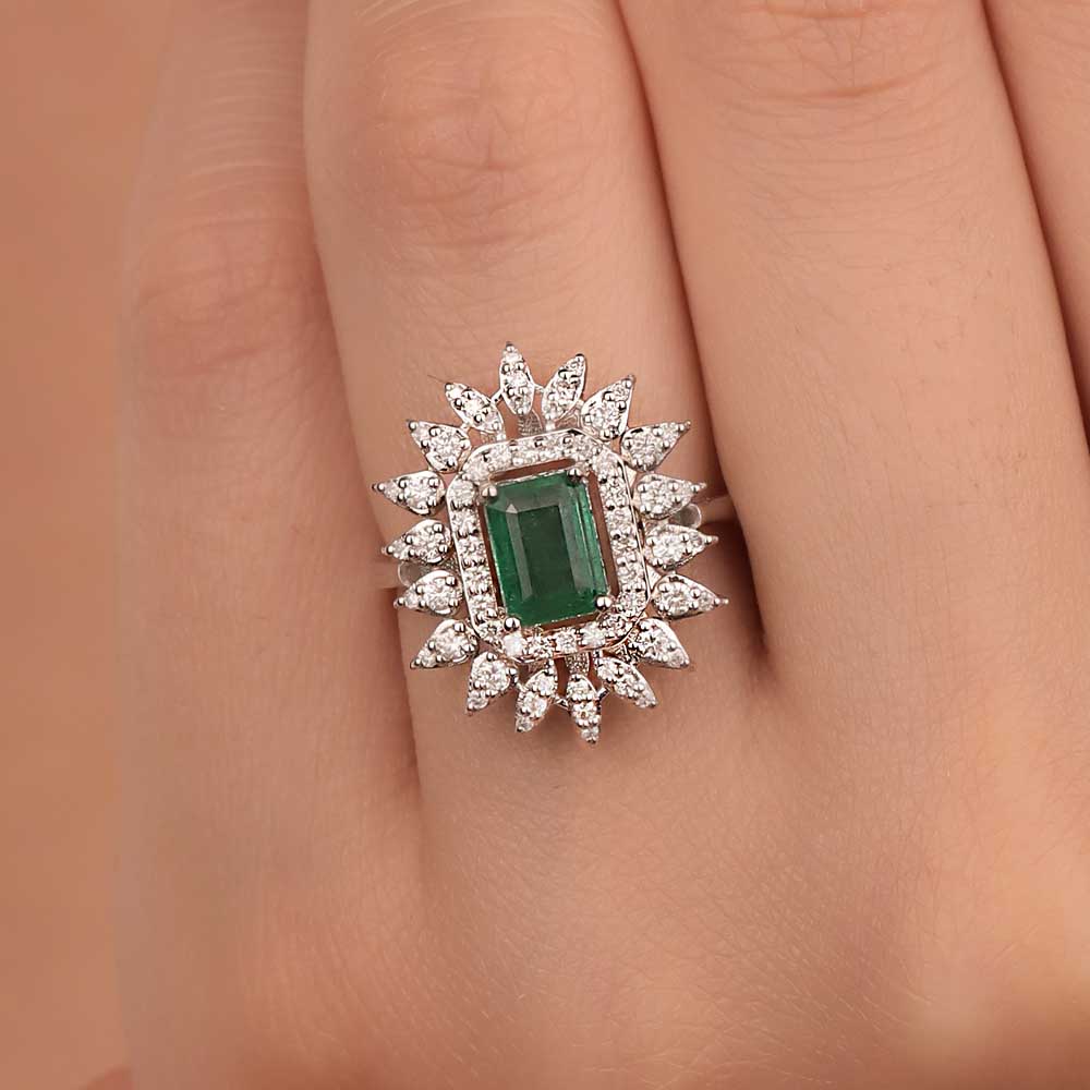 1,55 Karat Pırlanta Oktagon Kesim Jasmine Zümrüt Yüzük