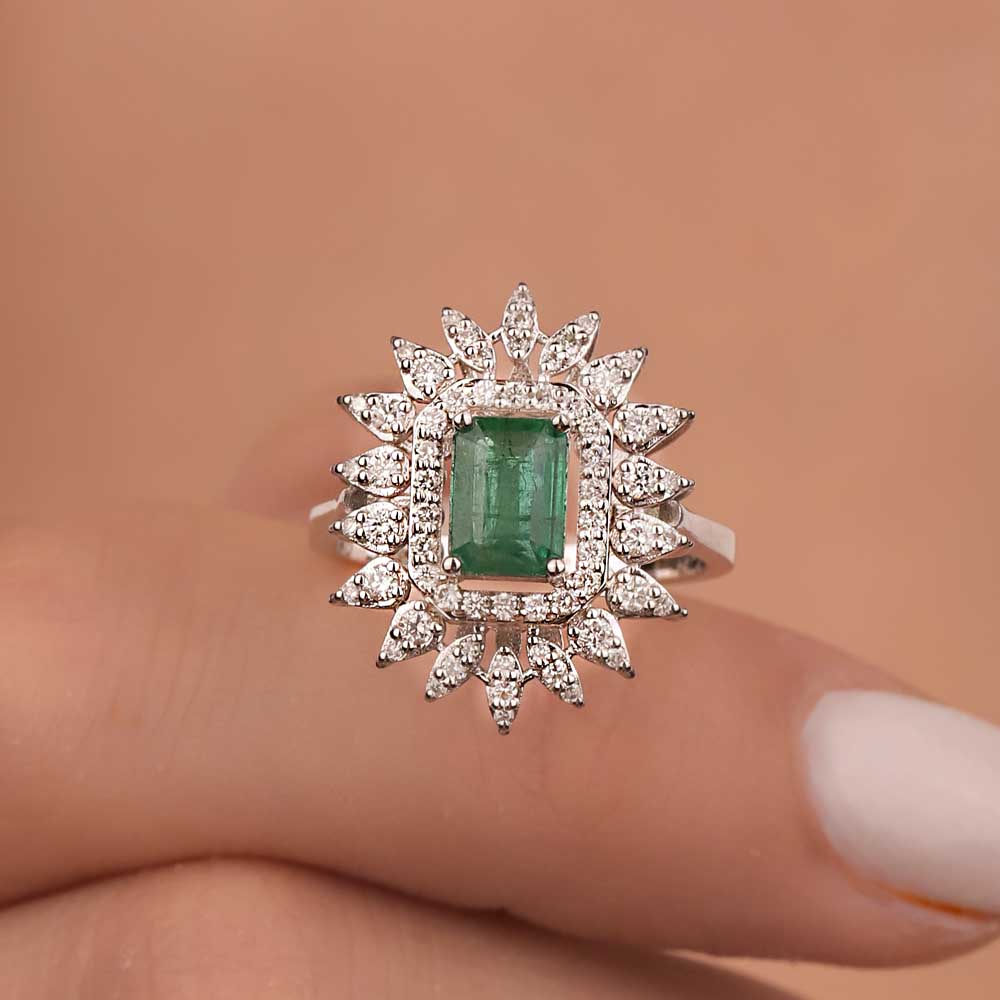 Zümrüt Yüzükler 1,55 Karat Pırlanta Oktagon Kesim Jasmine Zümrüt Yüzük